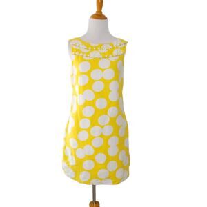 Lilly Pulitzer Linen Shift Dress Yellow Polka Dot Mod Buttons Sleeveless 4